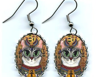 Bast Cat Earrings Goddess Egyptian Cat Bastet Fantasy Cat Art Cameo Earrings 25x18mm Gift for Cat Lovers Jewelry Carrie Hawks