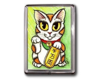 Lucky Cat Magnet Maneki Neko Luck Good Fortune Fantasy Cat Art Framed Magnet Gifts For Cat Lovers Carrie Hawks