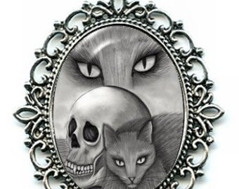 Witch's Black Cat Necklace Vampire Skull Cat Drawing Cat's Eyes Cameo Pendant 40x30mm Gift for Cat Lovers Jewelry Carrie Hawks