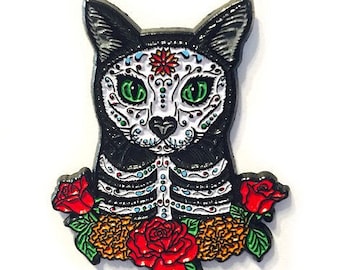 Day of the Dead Cat Enamel Pin Gothic Mexican Sugar Skull Lapel Pin Cat Art Brooch Gift for Cat Lovers Flair Jewelry Carrie Hawks