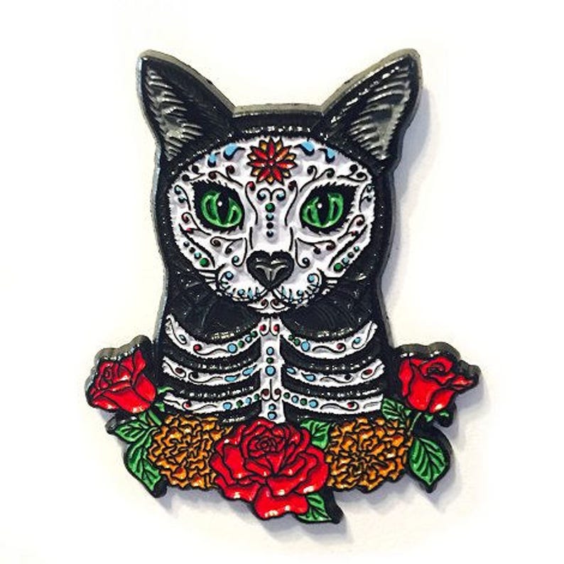 Day of the Dead Cat Enamel Pin Gothic Mexican Sugar Skull Lapel Pin Cat Art Brooch Gift for Cat Lovers Flair Jewelry Carrie Hawks image 1