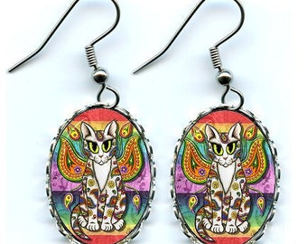 Rainbow Fairy Cat Earrings Paisley Fantasy Cat Art Cameo Earrings 25x18mm Gift for Cat Lovers Jewelry Carrie Hawks