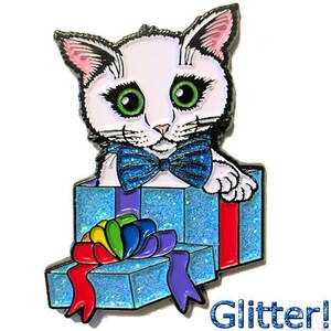 White Cat Pin Kitten Enamel Pin Glitter Gift Kitten Lapel Pin Rainbow Bow Present Cat in a Box Fantasy Boy Cat Art Lovers Art Carrie Hawks
