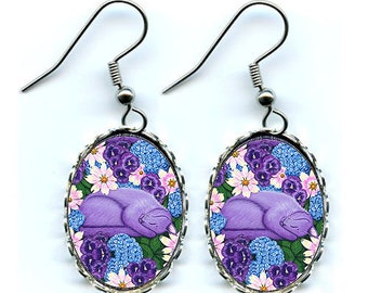 Purple Cat Earrings Dreaming Sleeping Cat Flowers Fantasy Cat Art Cameo Earrings 25x18mm Cat Lovers Jewelry Carrie Hawks