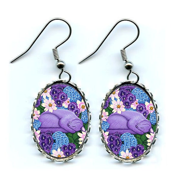 Purple Cat Earrings Dreaming Sleeping Cat Flowers Fantasy Cat Art Cameo Earrings 25x18mm Cat Lovers Jewelry Carrie Hawks