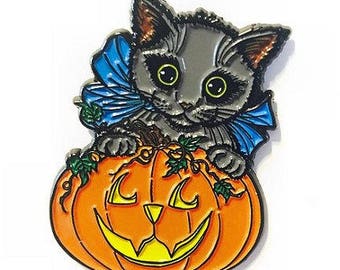 Halloween Black Cat Enamel Pin Fall Pumpkin Black Kitten Jackolantern Lapel Pin Badge Fantasy Cat Art Brooch Cat Lovers Art Carrie Hawks