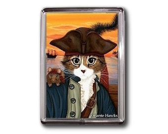 Pirate Cat Magnet Rat Captain Leo Pirate Ship Sunset Fantasy Cat Art Framed Magnet Gifts For Cat Lovers Carrie Hawks