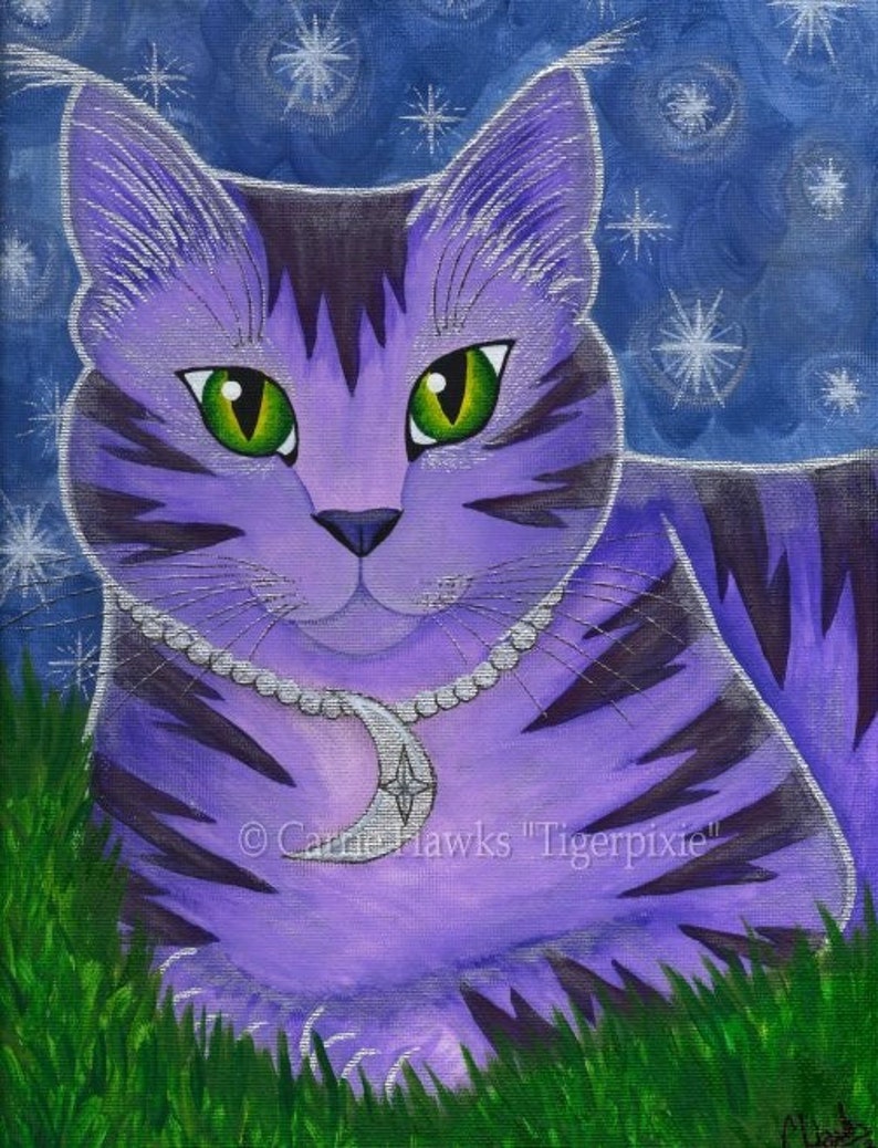 Whimsical Cat Painting Moon Cat Art Astra Purple Cat Celestial Cat Stars Fantasy Cat Art Print Cat Lovers Art Carrie Hawks image 1