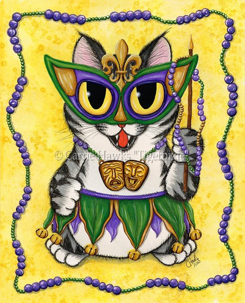 Mardi Gras Cat Magnet New Orleans Cat Magnet NOLA Mardi Gras Mask Beads Big Eye Chibi Cat Framed Magnet Gifts For Cat Lovers Carrie Hawks image 2