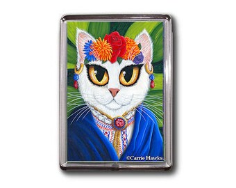 Senorita Cat Magnet White Cat Mexican Flower Wreath Tiara Spanish Cat Big Eye Art Magnet Gifts For Cat Lovers Carrie Hawks