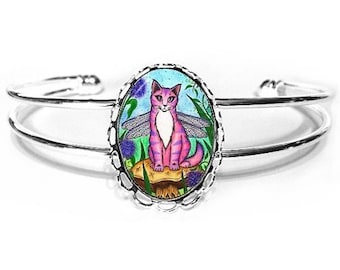 Dragonfly Fairy Cat Bracelet Pink Cat Fantasy Cat Art Silver Cat Cameo Bracelet 25x18mm Gift for Cat Lovers Jewelry Carrie Hawks