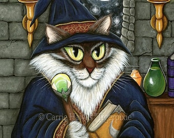 Wizard Cat Art Cat Painting Merlin Magician Sorcerer Fantasy Cat Art Limited Edition Canvas Print 11x14 Art For Cat Lover Carrie Hawks