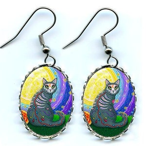 Day of the Dead Cat Moon Earrings Mexican Sugar Skull Celestial Cat Art Cameo Earrings 25x18mm Gift for Cat Lovers Jewelry Carrie Hawks