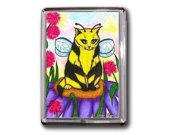 Fairy Cat Magnet Buzz Bumble Bee Fantasy Cat Art Framed Magnet Gifts For Cat Lover Carrie Hawks