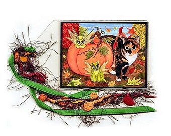 Calico Cat Bookmark Fairy Cats Bookmarker Fall Pumpkin Painting Autumn Fantasy Cat Art Mini Bookmark Gift For Cat Lover Carrie Hawks