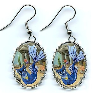 Mermaid Cat Earrings Atlantis Mercat Cat Art Cameo Earrings 25x18mm Gift for Cat Lovers Jewelry Carrie Hawks image 1