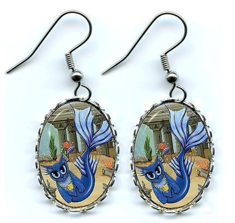 Mermaid Cat Earrings Atlantis Mercat Cat Art Cameo Earrings 25x18mm Gift for Cat Lovers Jewelry Carrie Hawks image 1