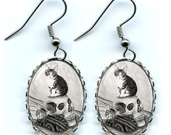 Witch's Cat Earrings Tabby Kittens Vampire Skull Gothic Fantasy Cat Art Cameo Earrings 25x18mm Gift for Cat Lovers Jewelry Carrie Hawks