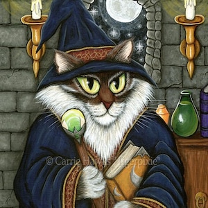 Wizard Cat Art Print Merlin Magician Cat Magic Cat Sorcerer Cat Fantasy Cat Art Print Art For Cat Lovers Gift Carrie Hawks
