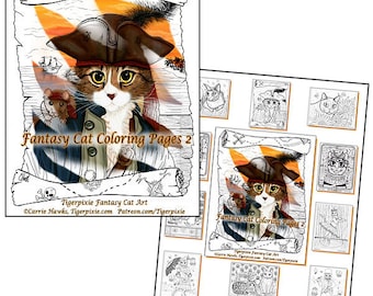 Fantasy Cat Coloring Page Gift Set 2 Adult Coloring Book 10 Pages Pirate Cat, Bast Cat, Steampunk Cat Fantasy Cats Art Cat Lovers Gift