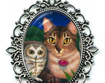 Eule Katze Halskette Saw Whet Owl Cameo Abessinier Katze Halskette Cameo Anhänger 40x30mm Fantasy Cat Art Geschenk für Katzenliebhaber Schmuck Carrie Hawks