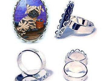 Halloween Mumie Kätzchen Ring Jackolantern Kürbis graue Katze Ägyptischer Bast Kunst Silber Cameo Ring 25x18mm Katzenschmuck Carrie Hawks
