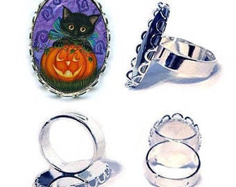 Halloween Black Kitten Ring Jackolantern Cat Pumpkin Black Cat Cute Art Silver Cameo Ring 25x18mm Cat Lovers Jewelry Carrie Hawks