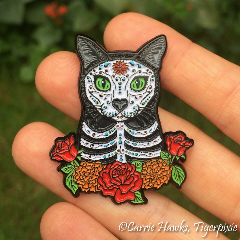 Day of the Dead Cat Enamel Pin Gothic Mexican Sugar Skull Lapel Pin Cat Art Brooch Gift for Cat Lovers Flair Jewelry Carrie Hawks image 2