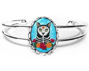 Day of the Dead Cat Bracelet Mexican Sugar Skull Gothic Cat Art Silver Cat Cameo Bracelet 25x18mm Gift for Cat Lovers Jewelry Carrie Hawks