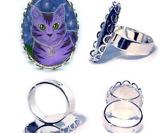 Moon Cat Ring Astra Purple Cat Celestial Cat Stars Fantasy Cat Art Cameo Ring 25x18mm Gift for Cat Lovers Jewelry Carrie Hawks