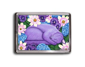 Purple Cat Magnet Dreaming Sleeping Cat Flowers Fantasy Cat Art Framed Magnet Gifts For Cat Lovers Carrie Hawks