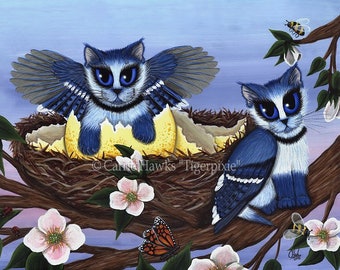 Cat Art Blue Jay Kittens Cat Painting Bluejay Bird Cats Fairy Winged Cat Fantasy Cat Art Print Cat Lovers Art Carrie Hawks