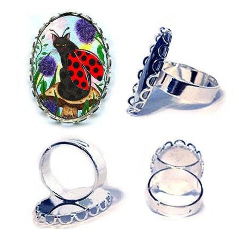 Ladybug Fairy Cat Ring Fantasy Cat Art Ladybug Cat Silver Cameo Cat Ring 25x18mm Gift for Cat Lovers Jewelry Carrie Hawks image 1