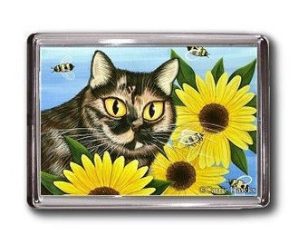 Tortoiseshell Cat Magnet Sunflowers Bumble Bees Fantasy Cat Art Framed Magnet Cat Lovers Gifts Carrie Hawks