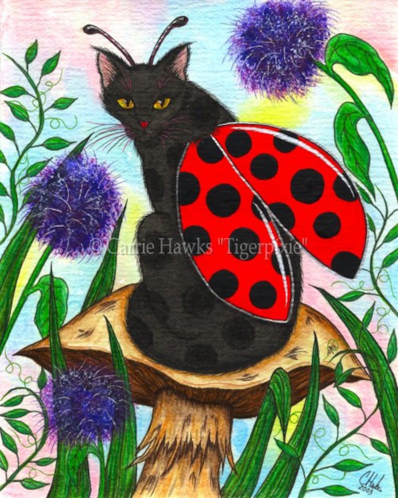 May include: A black cat with ladybug wings sits on a mushroom in a field of purple flowers. The cat has yellow eyes and a serious expression. The ladybug wings are red with black spots. The flowers are a vibrant purple and the background is a soft pink and blue.