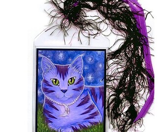 Moon Cat Bookmark Astra Purple Cat Bookmarker Celestial Cat Stars Whimsical Cat Art Mini Bookmark Gift For Cat Lover Carrie Hawks
