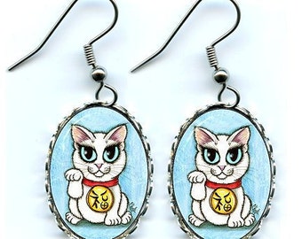 Lucky Cat Earrings Maneki Neko Purity Luck Fantasy Cat Art Cameo Earrings 25x18mm Gift for Cat Lovers Jewelry Carrie Hawks