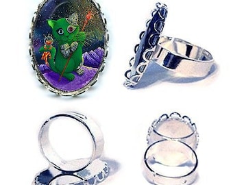 Space Cat Ring Salamander Cyborg Cat Silver Cat Ring Galaxy Fantasy Cat Art Cameo Ring 25x18mm Gift for Cat Lovers Jewelry Carrie Hawks