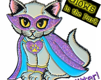 SuperKitty Purple Enamel Pin Super Hero Cat Lapel Glow In The Dark Cat Lapel Pin Glitter Masked Cat Art Badge Cat Lovers Jewelry