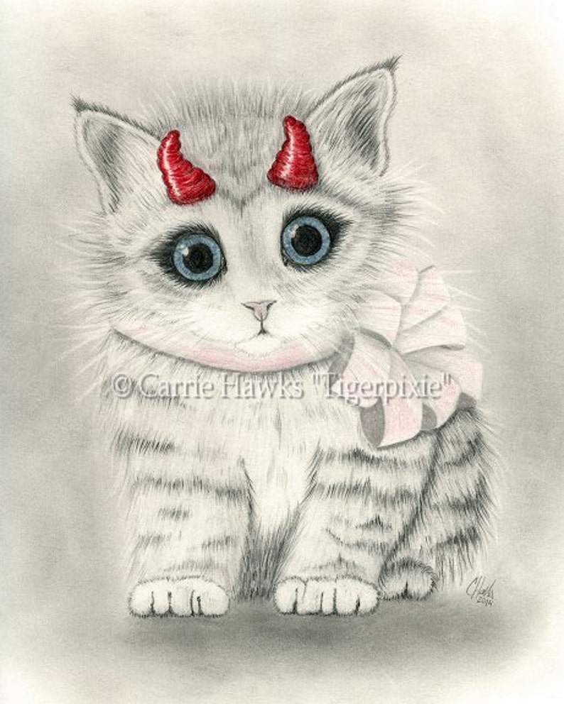 Cute Devil Kitten Cat Drawing Little Red Horns Big Eye Cat Art Etsy