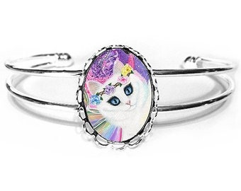 White Fairy Cat Bracelet Springtime Magic Rainbow Tarot 4 of Wands Whimsical Cat Art Cameo Bracelet 25x18mm Cat Lovers Jewelry Carrie Hawks