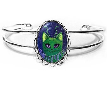 Pulsera con diseño de gato extraterrestre verde, pintura de gato espacial, cristales morados, plata, fantasía, arte de gato, camafeo, 25 x 18 mm, regalo para amantes de los gatos, joyería