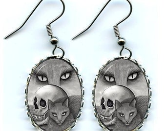 Black Cat Earrings Witch Skull Gothic Goth Fantasy Cat Art Cameo Earrings 25x18mm Gift for Cat Lovers Jewelry Carrie Hawks