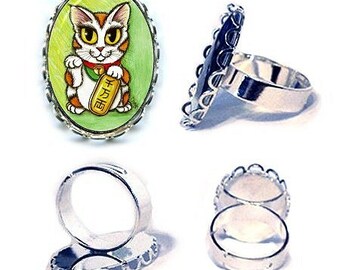 Lucky Cat Ring Maneki Neko Luck Silver Cat Ring Fantasy Cat Art Cameo Ring 25x18mm Gift for Cat Lovers Jewelry Carrie Hawks