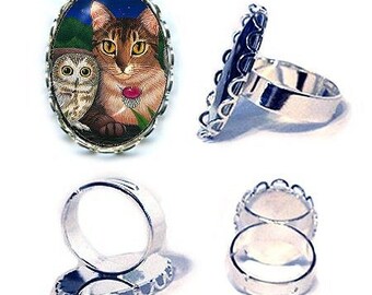 Cat and Owl Ring Abyssinian Cat Ring Saw Whet Owls Ring Cat Art Silver Cameo Ring 25x18mm Gift for Cat Lovers Jewelry Carrie Hawks