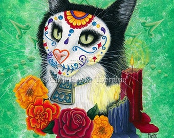 Day of the Dead Cat Candles Art Mexican Sugar Skull Cat Gothic Cat Art Limited Edition Canvas Print 11x14 Art For Cat Lover Carrie Hawks