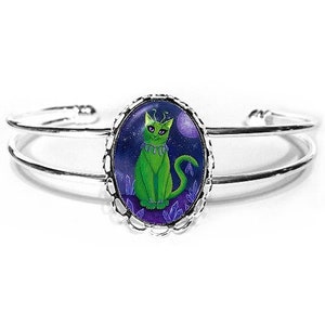 Green Alien Cat Bracelet Galaxy Cat Painting Purple Crystals Silver Fantasy Cat Art Cameo Bracelet 25x18mm Gift for Cat Lovers Jewelry image 1