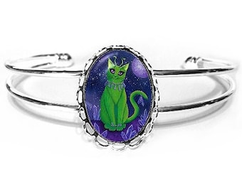 Grüne Alien Katze Armband Galaxie Katze Malerei Lila Kristalle Silber Fantasie Katze Art Cameo Armband 25x18mm Geschenk für Katzenliebhaber Schmuck