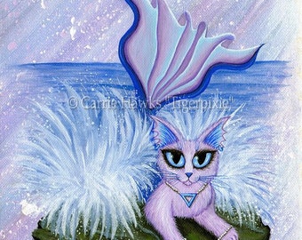 Mermaid Cat Art Elemental Water Cat Painting Mercat Ocean Sea Elements Fantasy Cat Art Print Cat Lovers Art Carrie Hawks