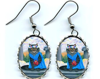 Greek Goddess Persephone Cat Earrings Queen of the Underworld Olympus Cat Art Cameo Earrings 25x18mm Cat Lovers Jewelry Carrie Hawks
